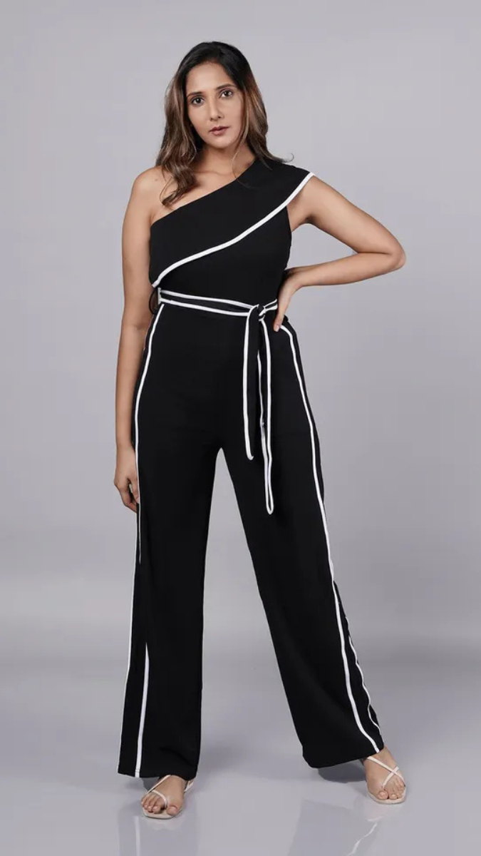 White Border Line One Sleeve Jumpsuit FC1930