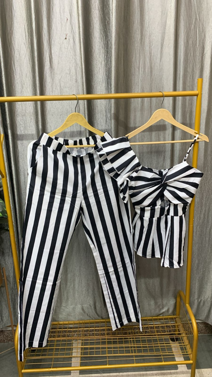 White Line One Shoulder Ruffle Peplum Top With Pant Coord Set FC2494