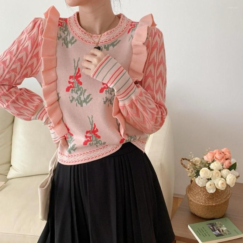 Woollen Crop Top With Frill Shoulder Design Pinkk