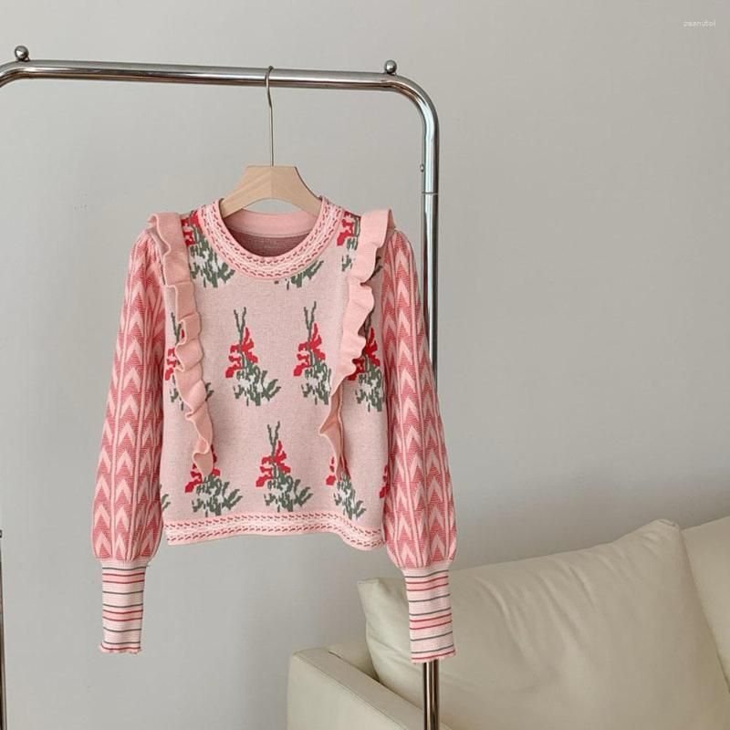 Woollen Crop Top With Frill Shoulder Design Pink