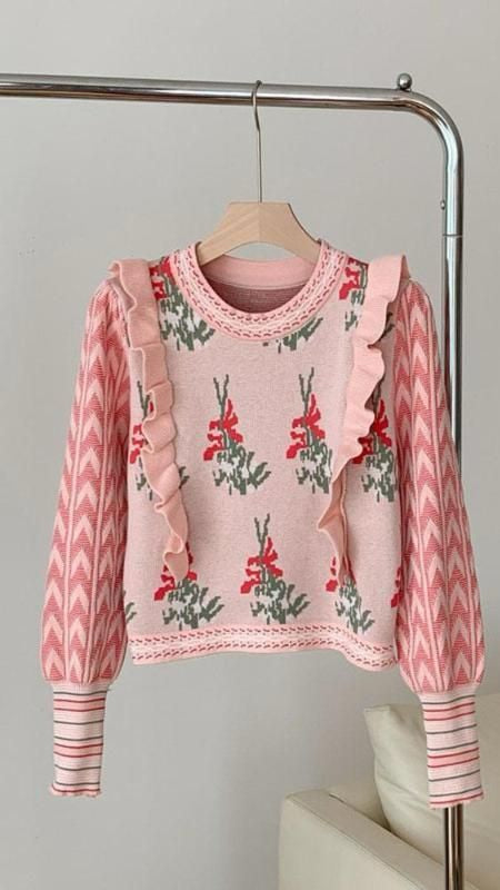 Woollen Crop Top With Frill Shoulder Design Pink