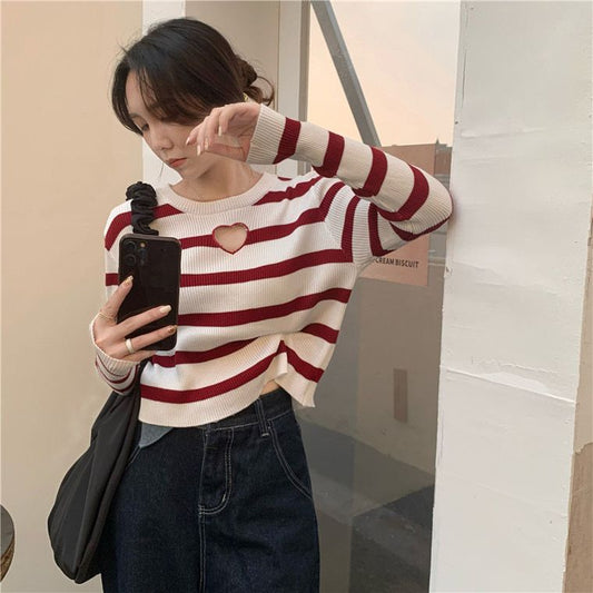 Fc Hollow Striped Long-Sleeved Knitted Top
