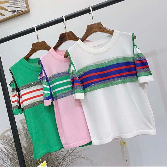 Fc Diamond Stripe Off-The-Shoulder Short-Sleeved T-Shirt Top