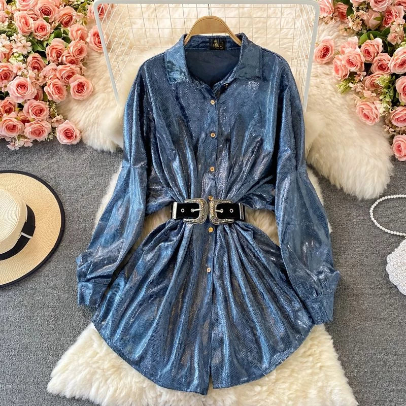 Fc Rodeo Velvet Shimmer Loose Style Long Shirt With Belt